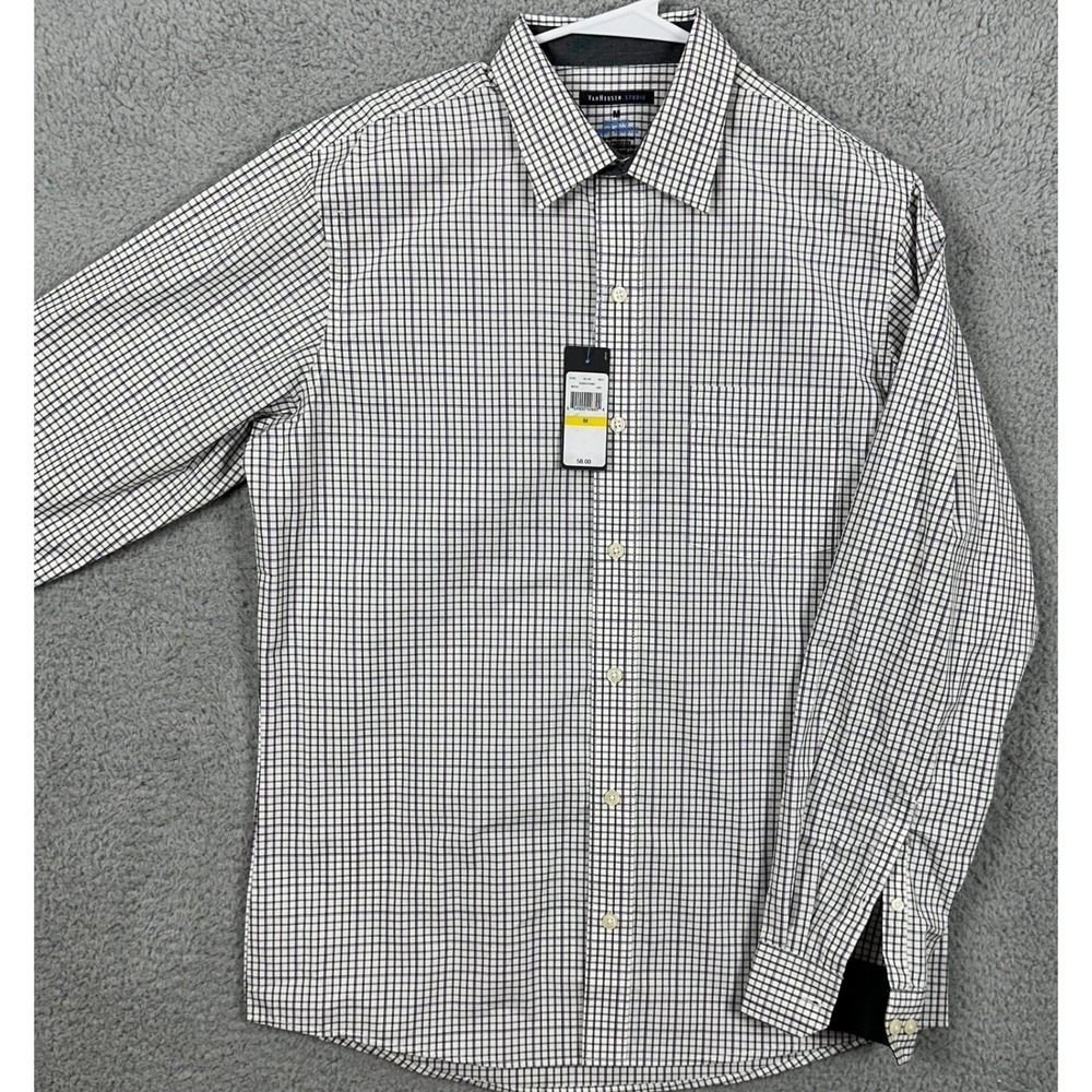 Van Heusen Shirt Button Up Mens Medium White Green Plaid Slim Fit Casual NEW